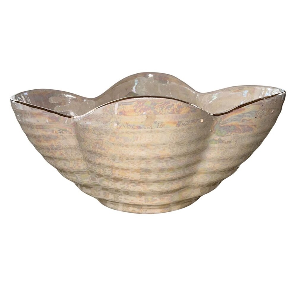 Vintage Pearl China Co. Hand-Decorated 22K Gold Iridescent Scalloped Bowl USA